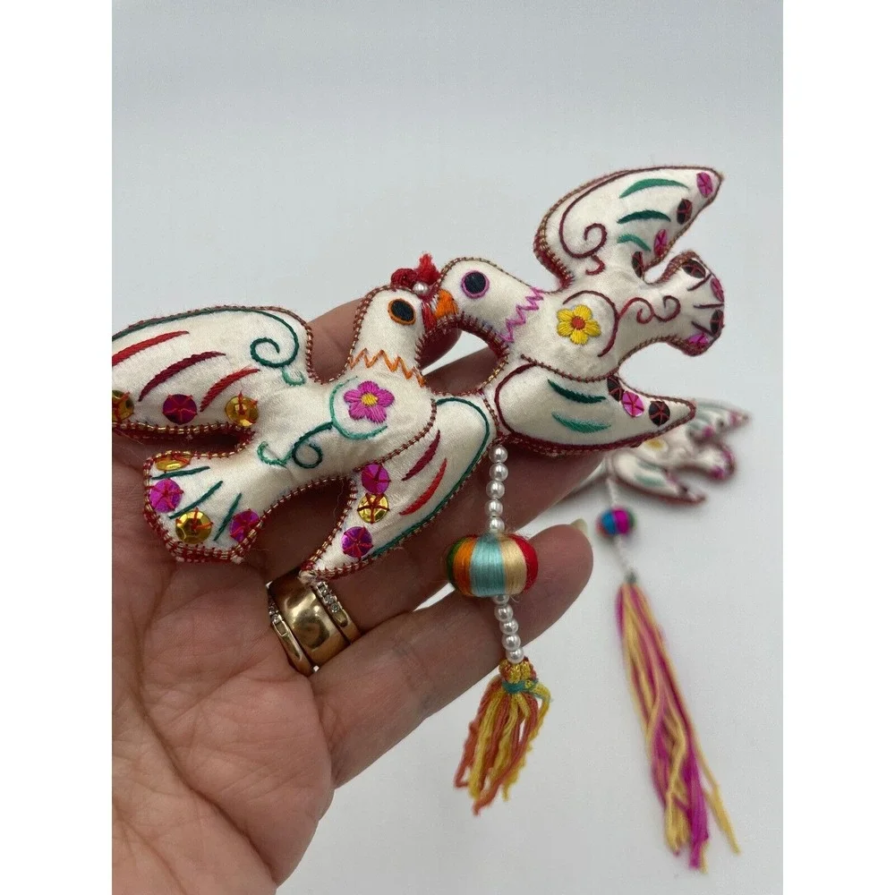 Dove Ornament Pair Embroidered Birds Tassels Hanging‎ Decoration Boho Chic